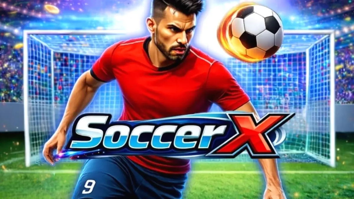 Tampilan visual lapangan sepak bola dalam permainan slot SoccerX