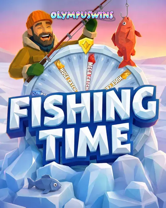 Tampilan visual roda bonus dan pemandangan musim dingin dalam game Fishing Time